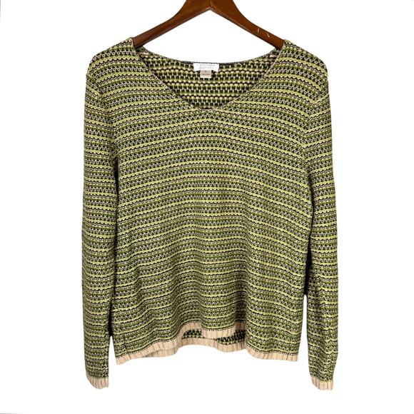 Christopher & Banks Retro Green & Tan Chunky Knit Cotton V-neck Pullover Sweater - Picture 8 of 13